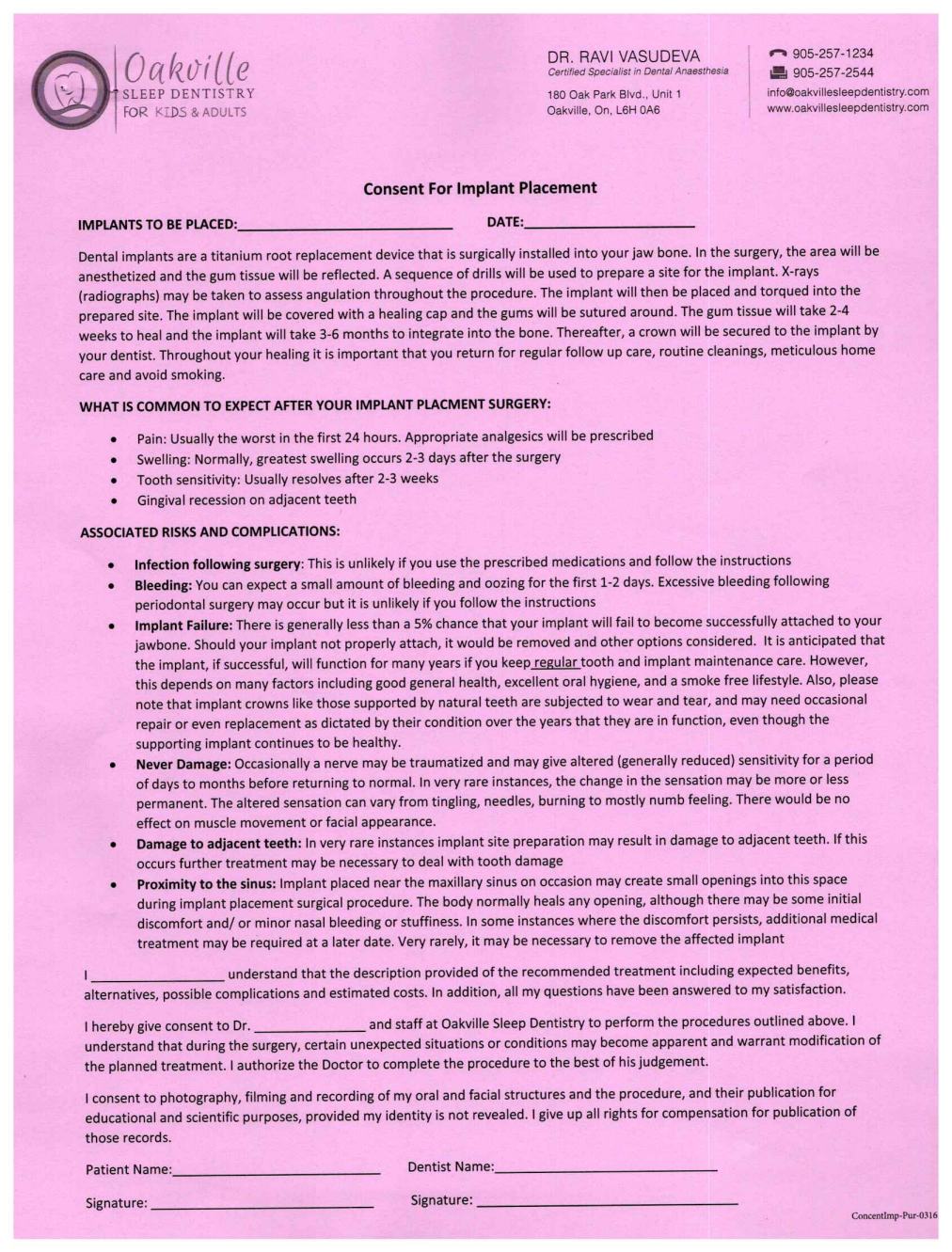 Implant Consent Form page 1